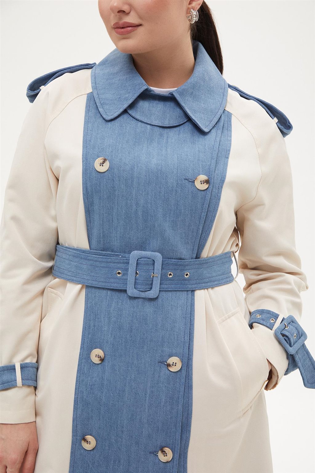 Denim Garnished Double Breasted Buttoned Coat Light Cream