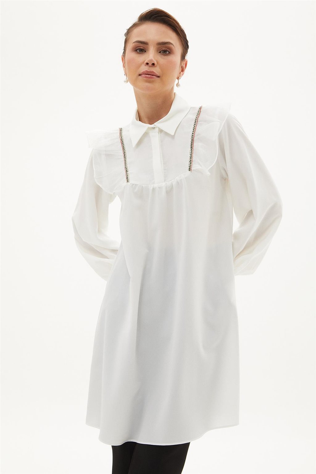 Embroidered Tulle Detailed Tunic Ecru