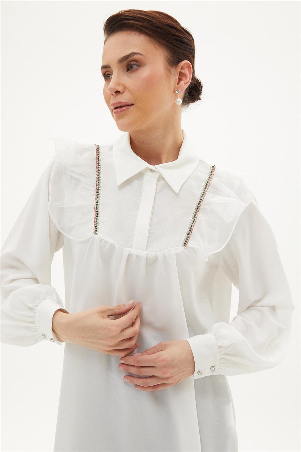 Embroidered Tulle Detailed Tunic Ecru