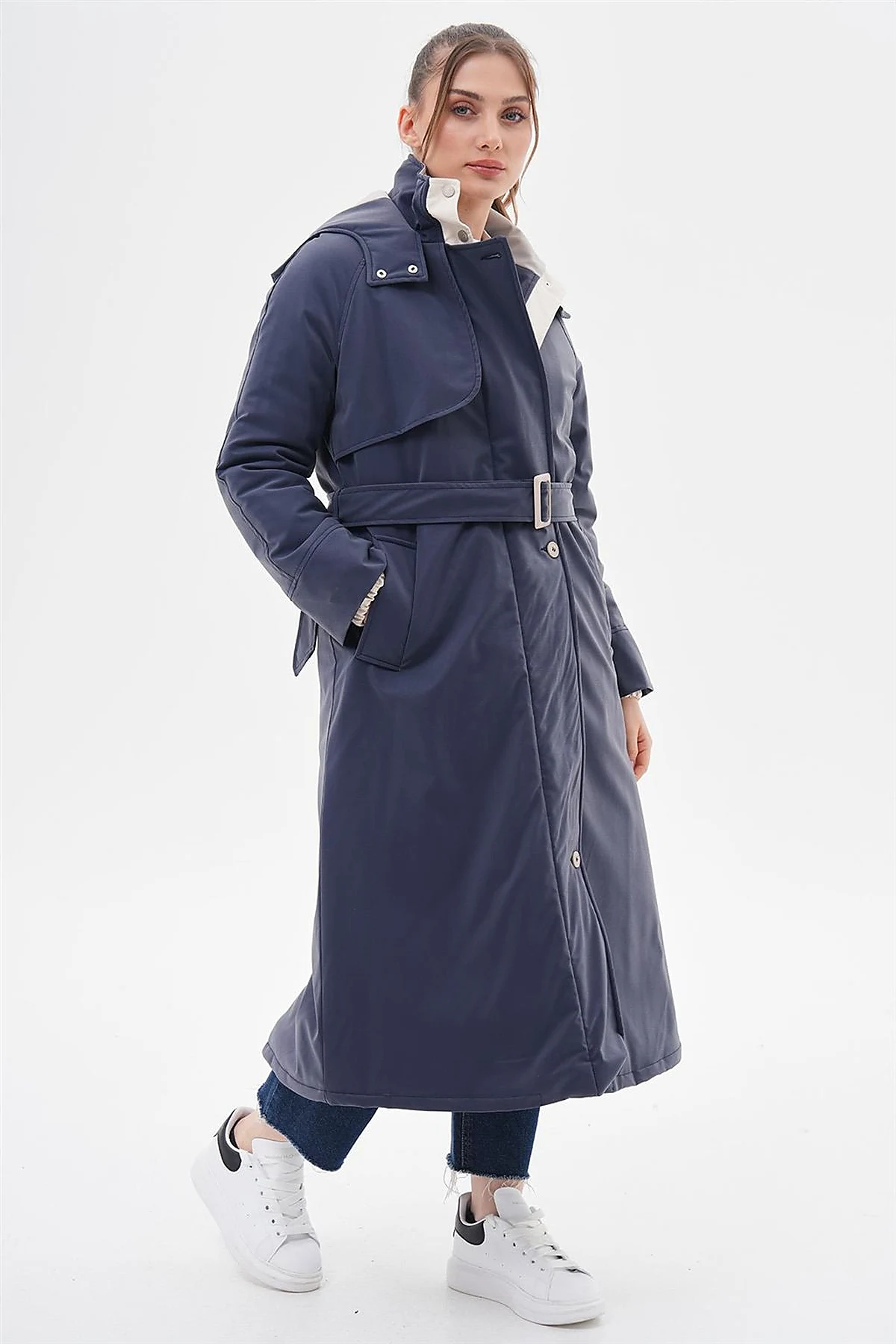 High-Neck Belted Coat Navy Blue