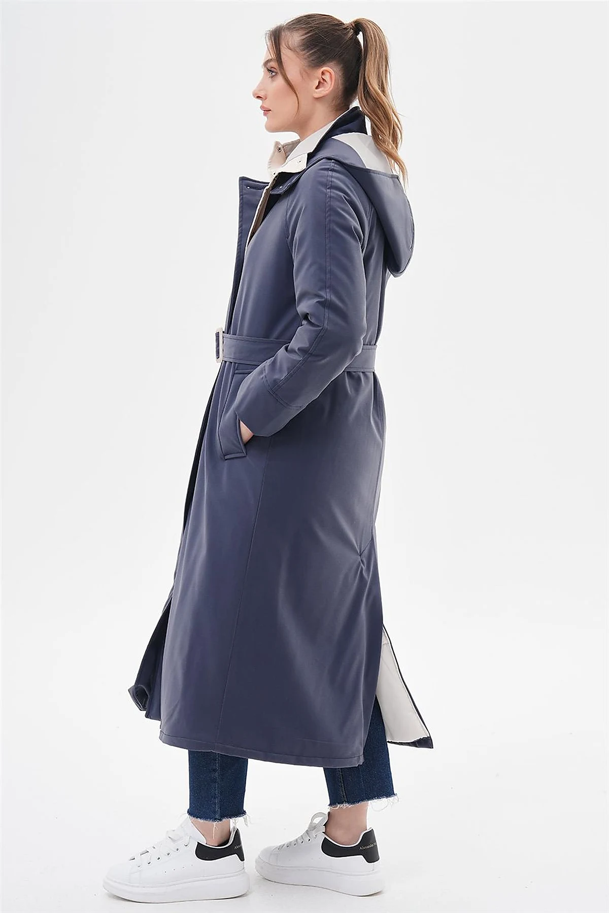 High-Neck Belted Coat Navy Blue
