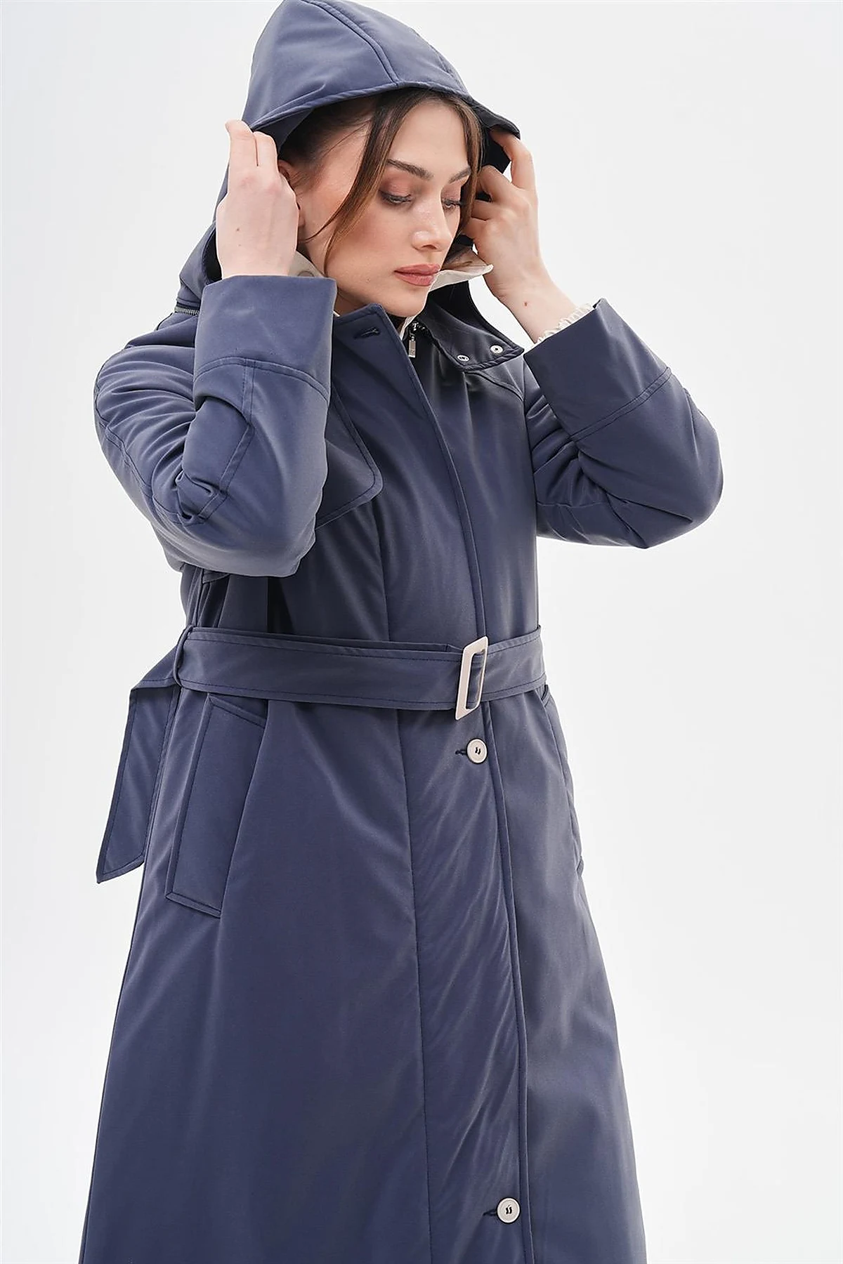 High-Neck Belted Coat Navy Blue