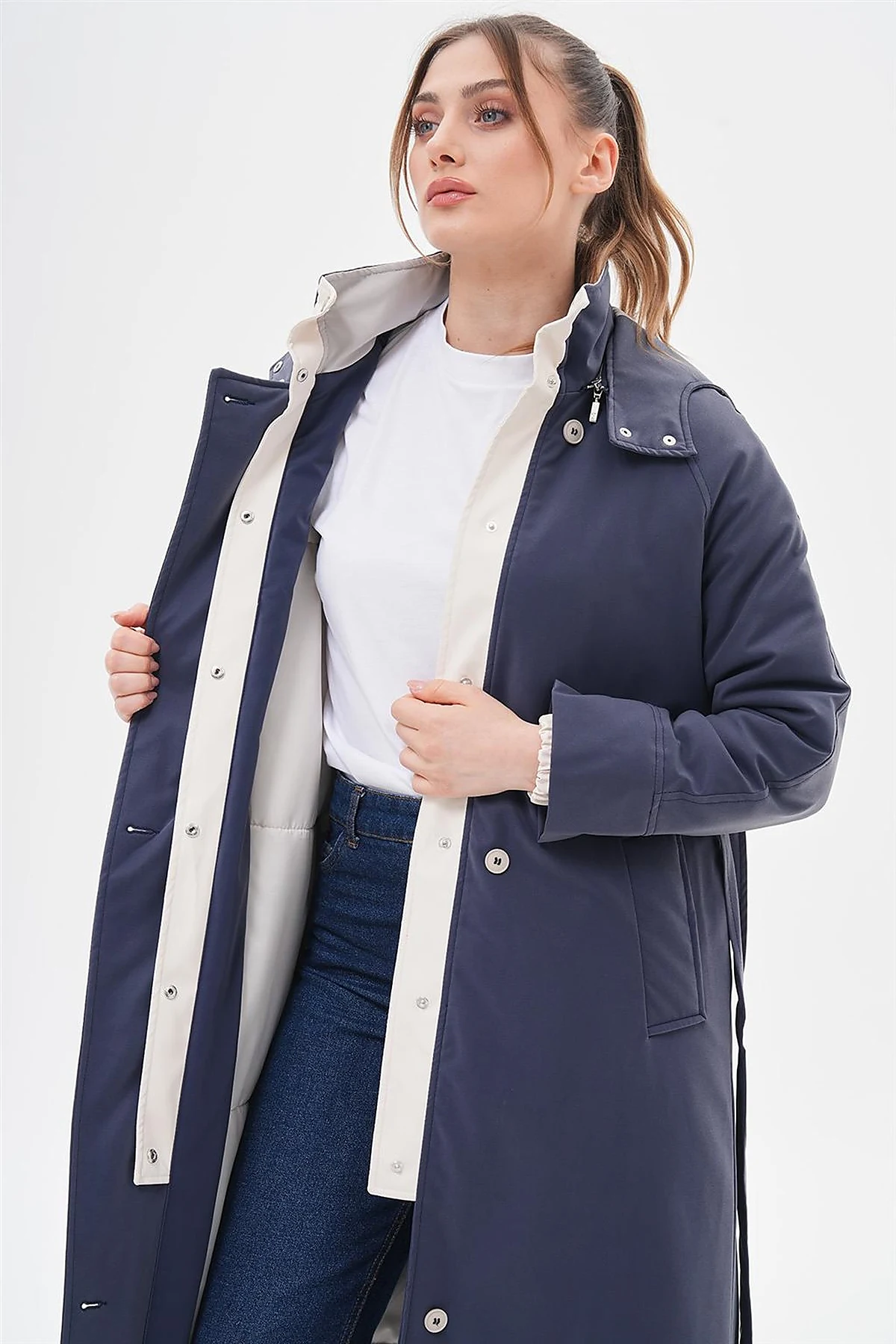 High-Neck Belted Coat Navy Blue