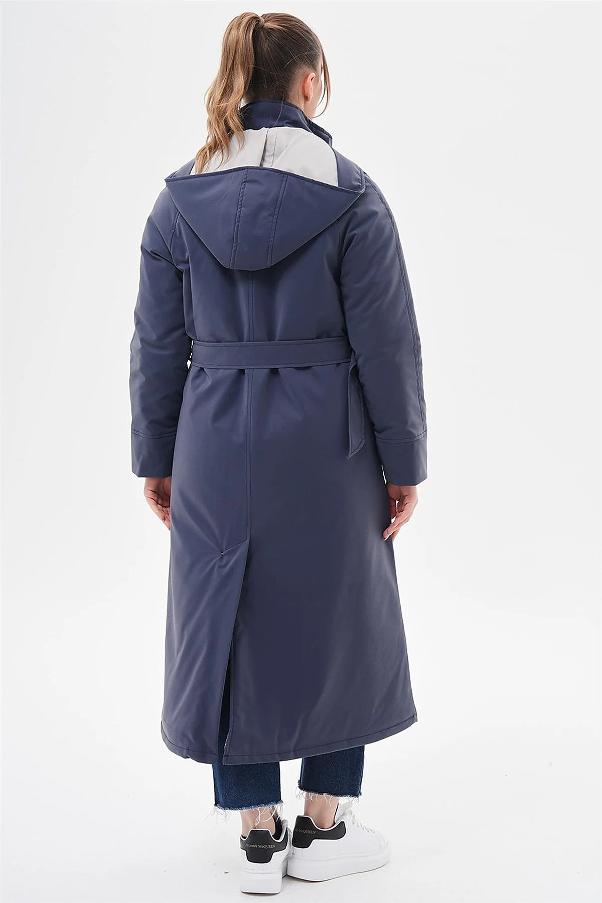 High-Neck Belted Coat Navy Blue