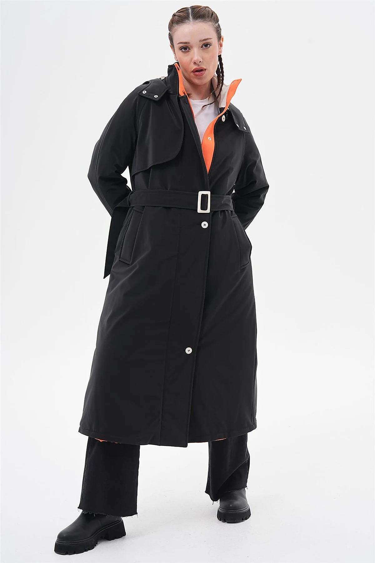 High-Neck Belted Coat Black