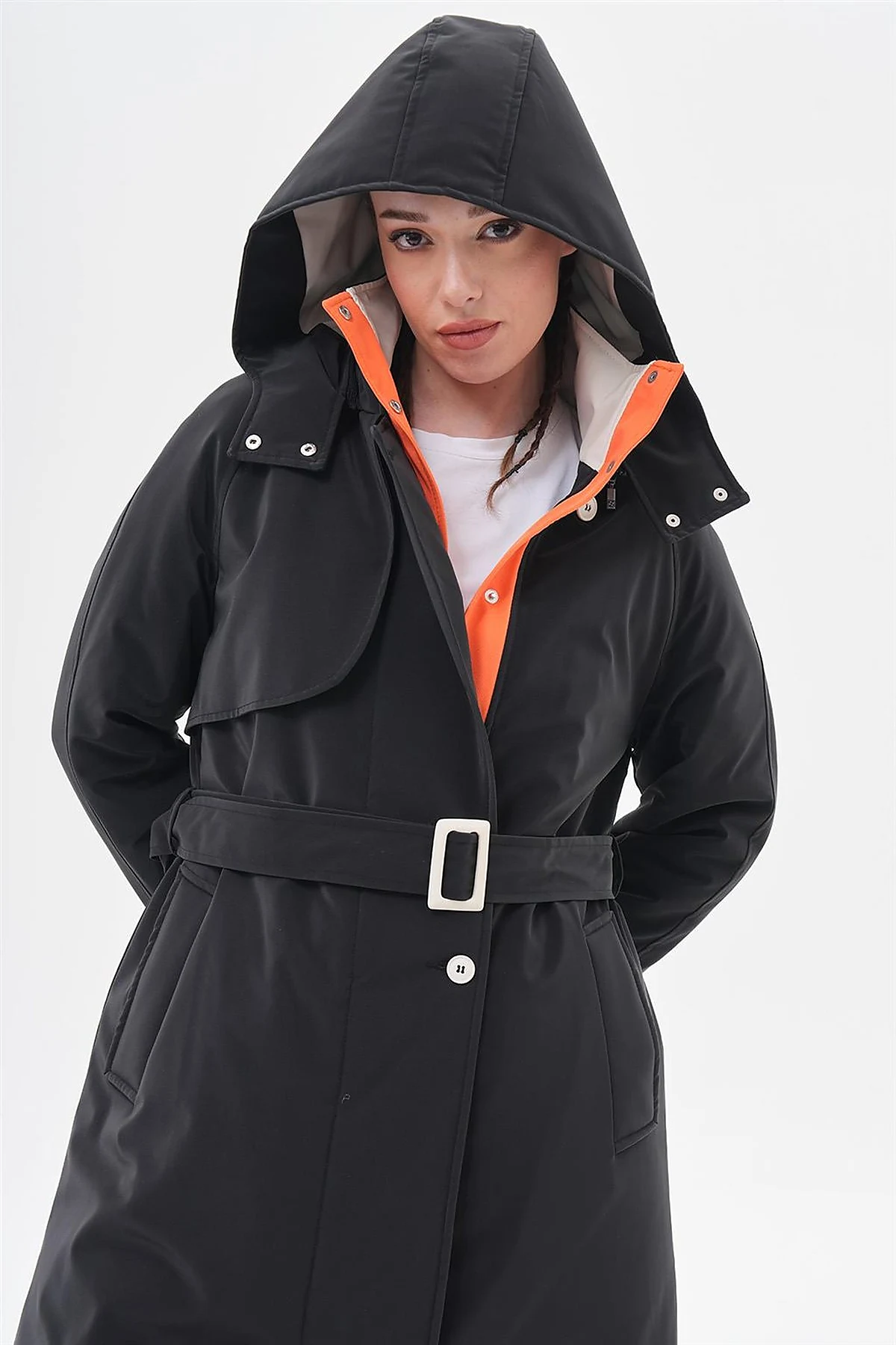 High-Neck Belted Coat Black
