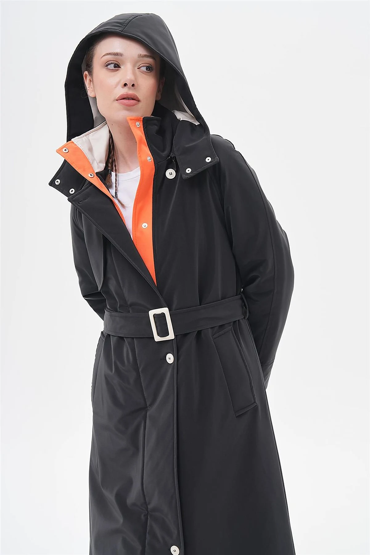 High-Neck Belted Coat Black