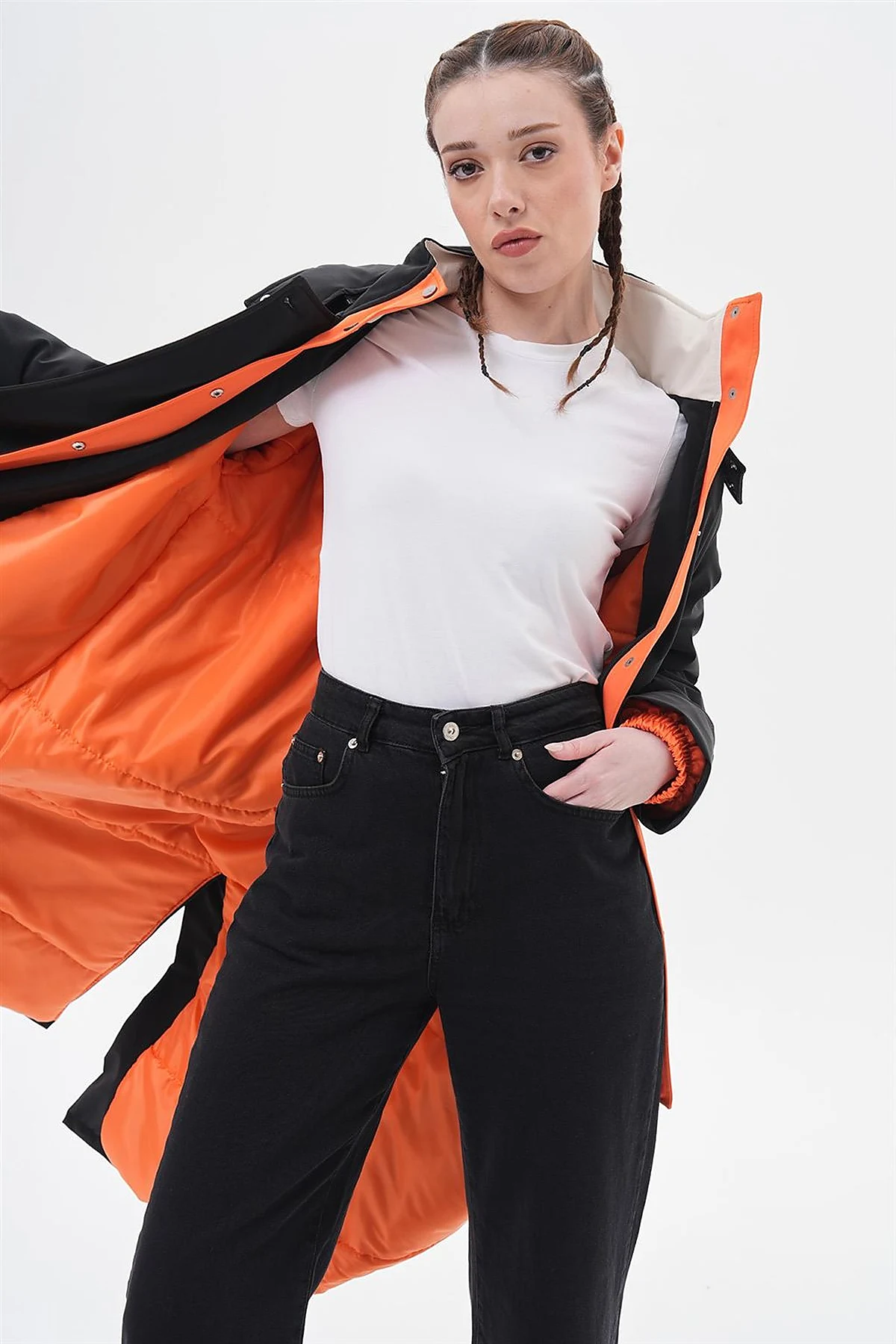High-Neck Belted Coat Black