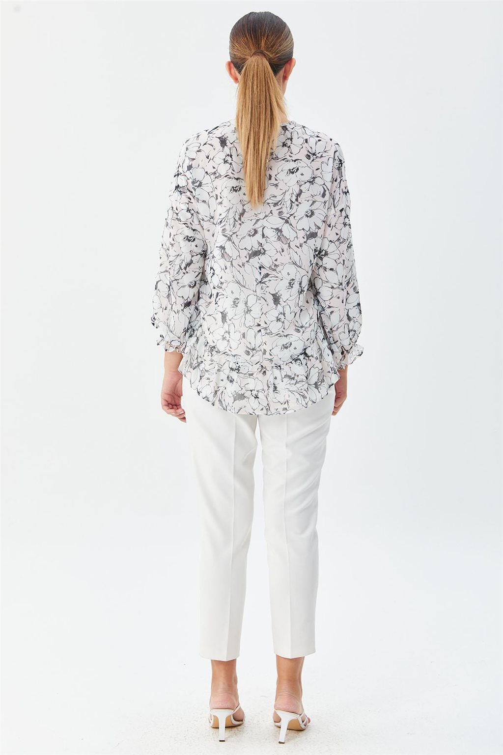 Floral Desenli Bluz Pudra-Ekru