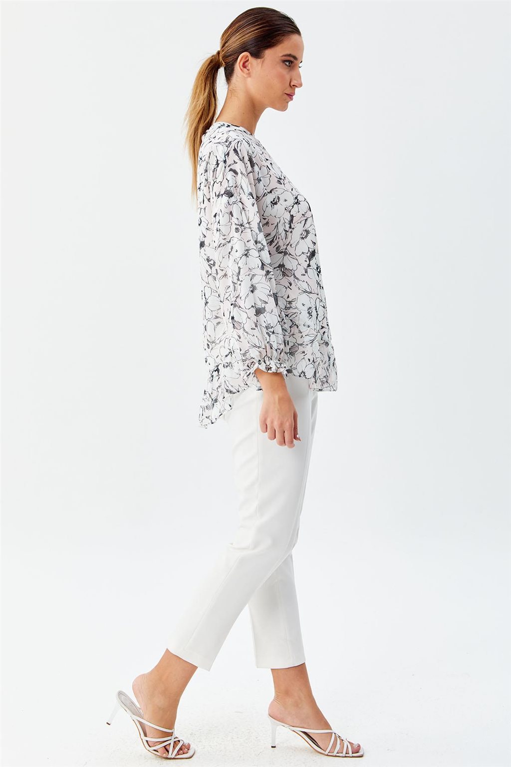 Floral Desenli Bluz Pudra-Ekru