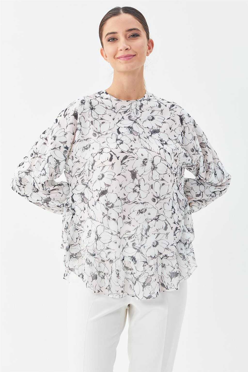 Floral Desenli Bluz Pudra-Ekru
