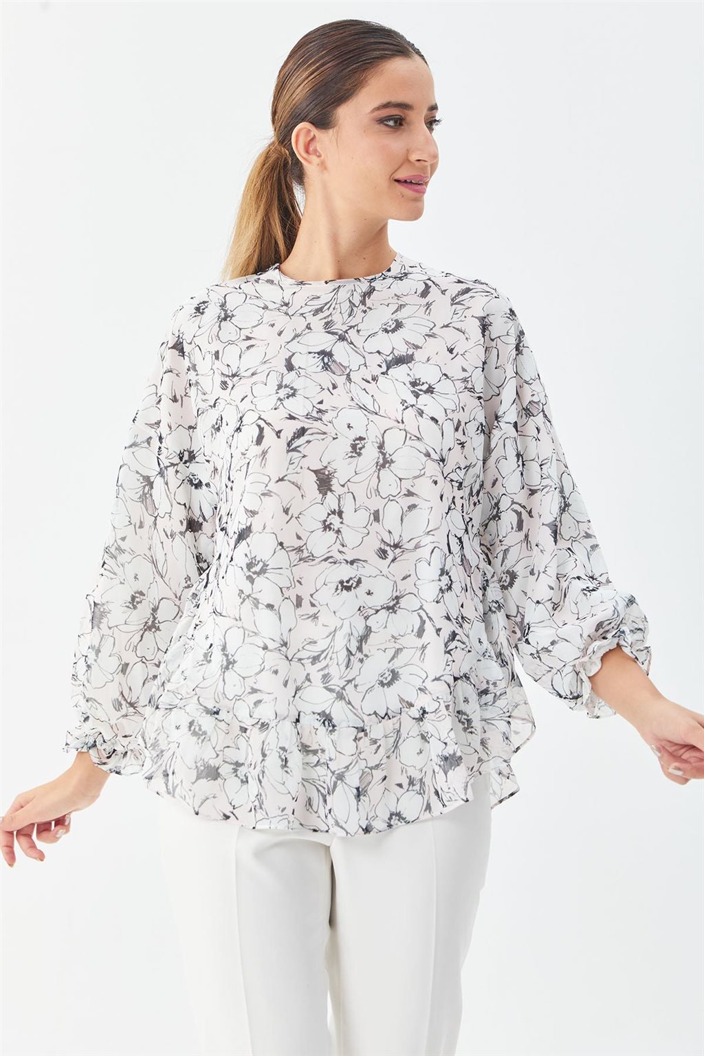 Floral Desenli Bluz Pudra-Ekru