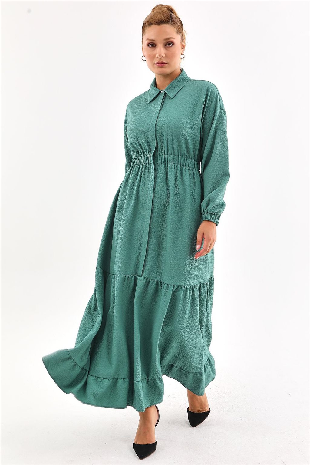 Layered Relief Pattern Dress Lake Green