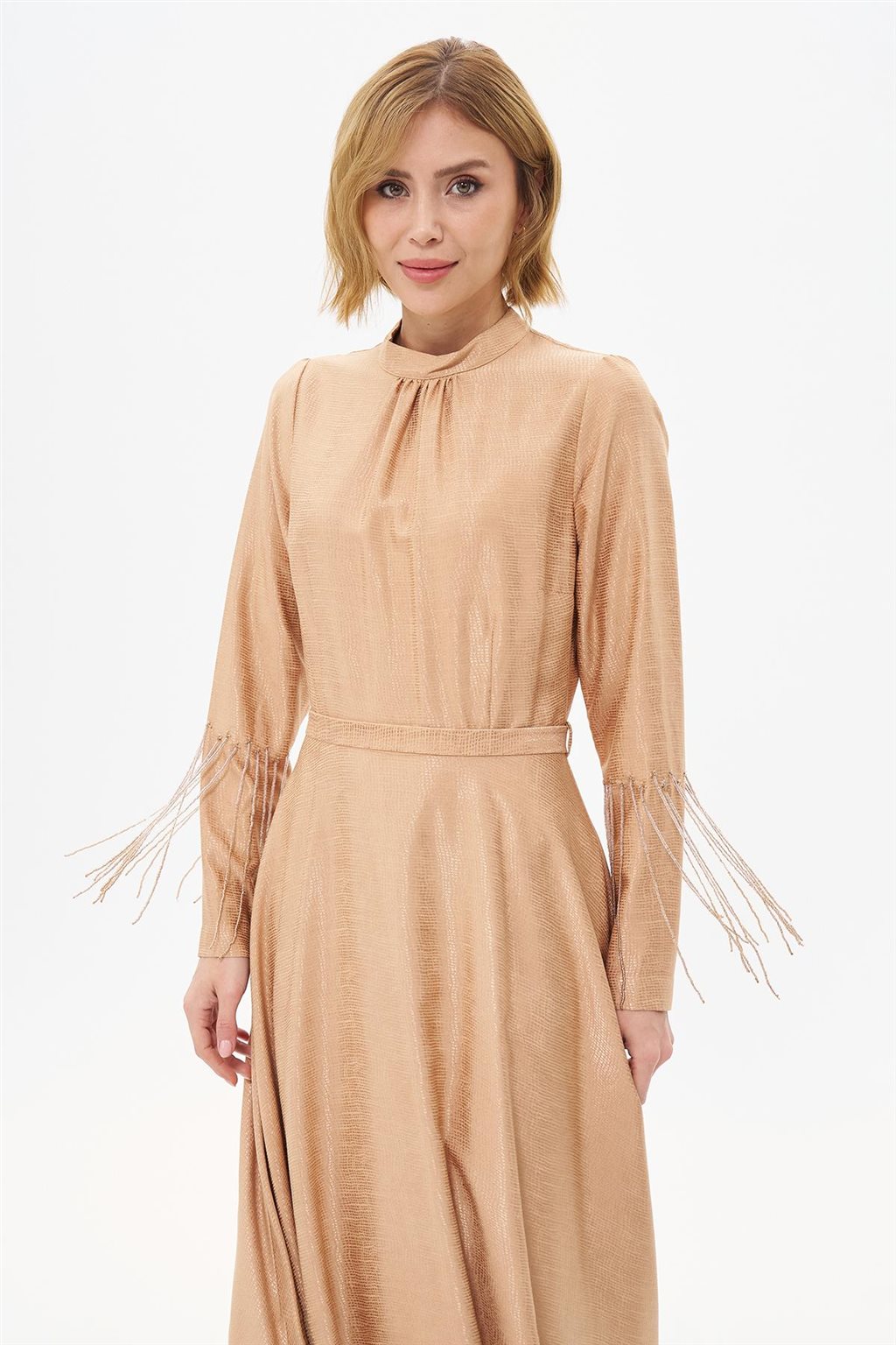 Belted Dress with Beaded Wrists Beige