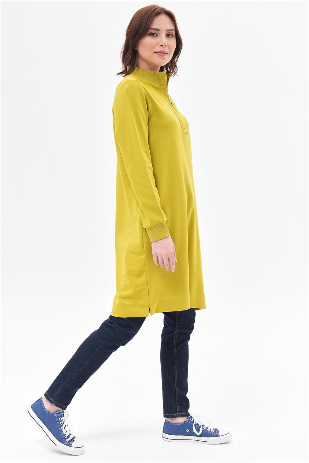 Half Zipper Closure Long Sweatshirt Oliv