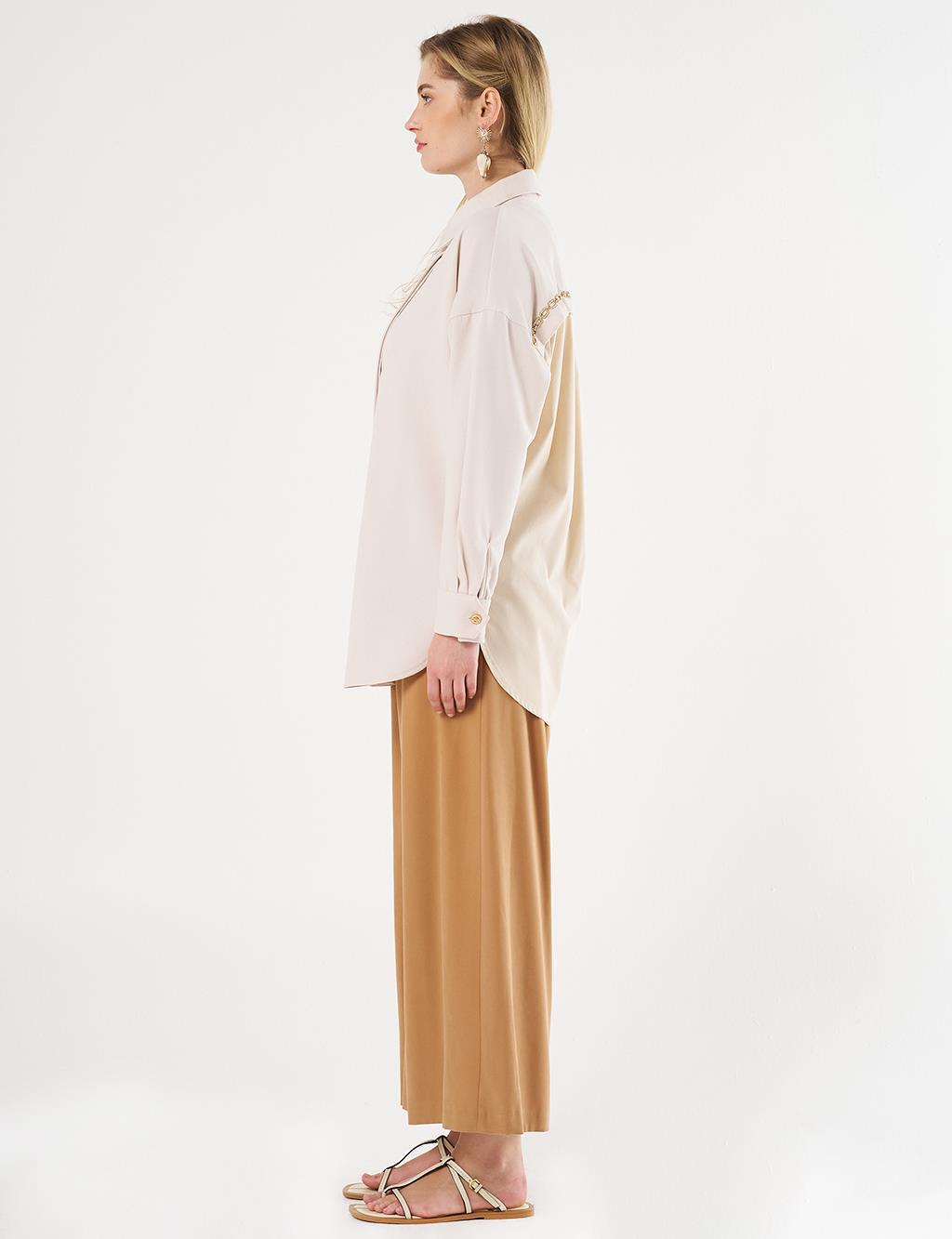 Shirt Collar Tunic with Chain Detail Cream
