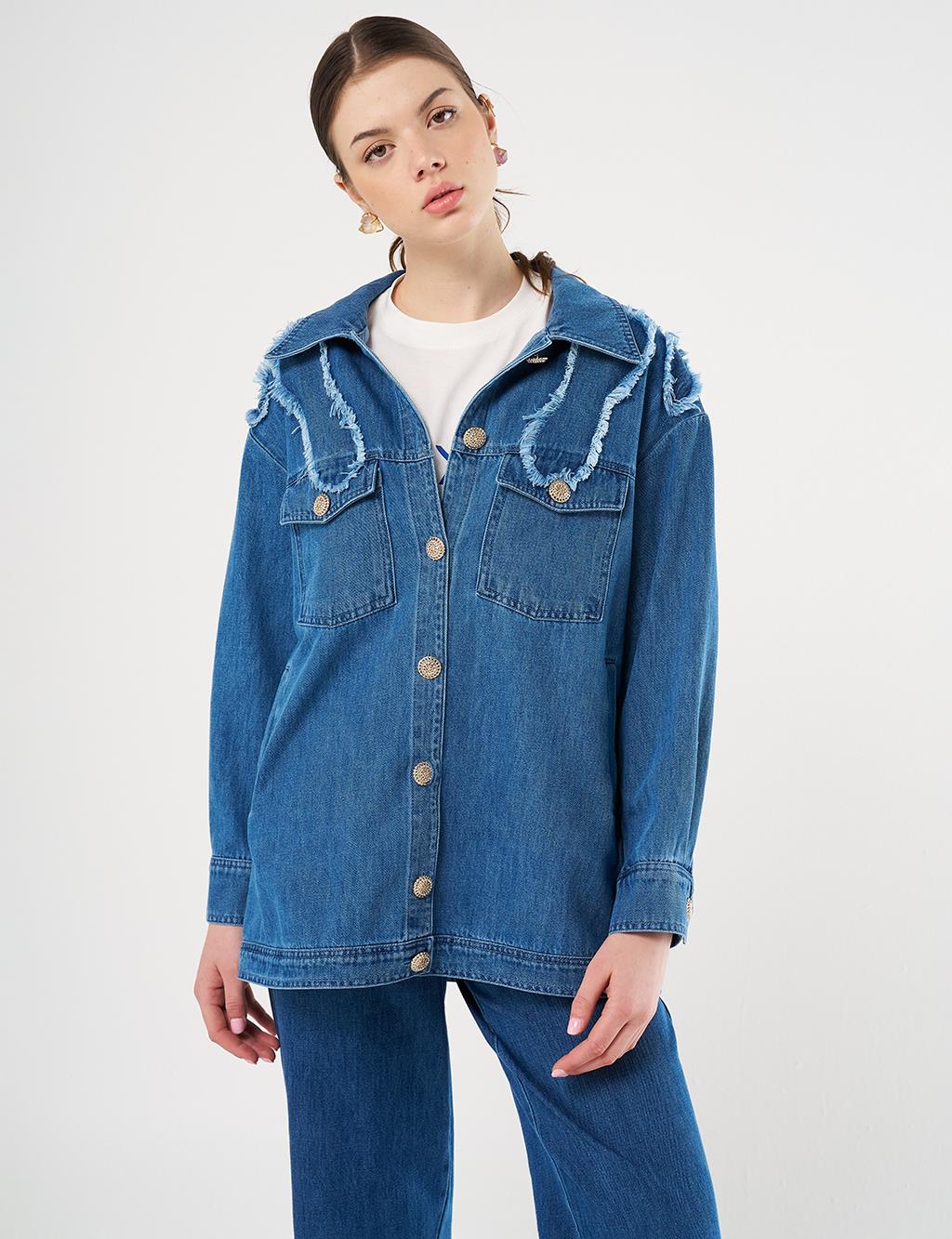 Aplikeli Denim Ceket İndigo