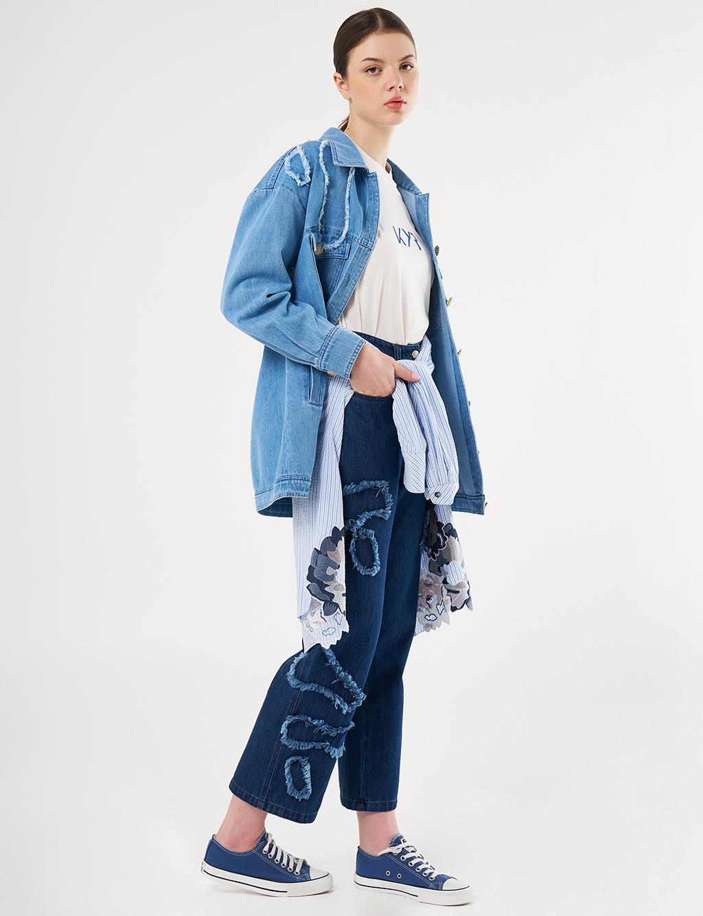Aplikeli Denim Ceket Buz Mavisi 