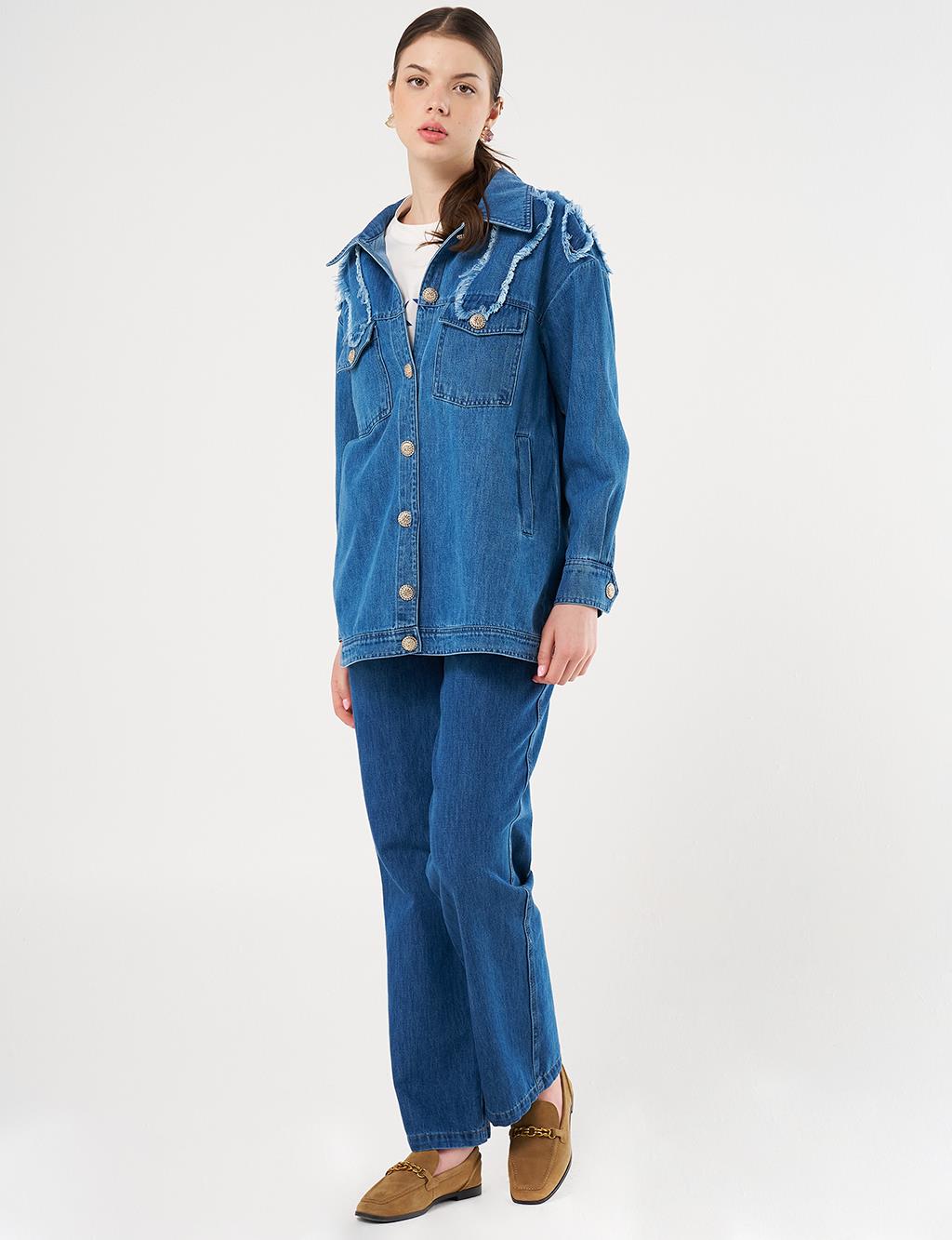 Aplikeli Denim Ceket İndigo