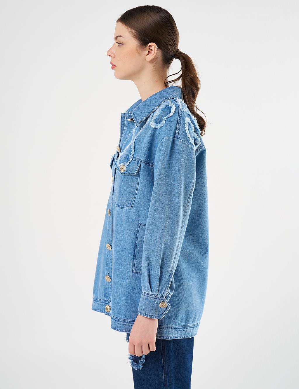 Aplikeli Denim Ceket Buz Mavisi 