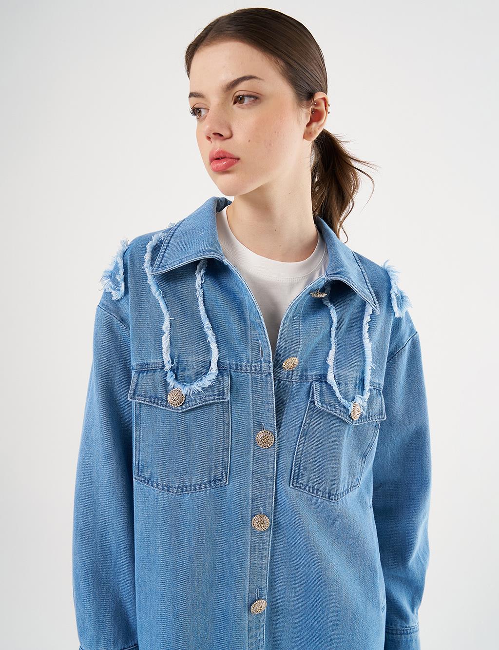 Aplikeli Denim Ceket Buz Mavisi 
