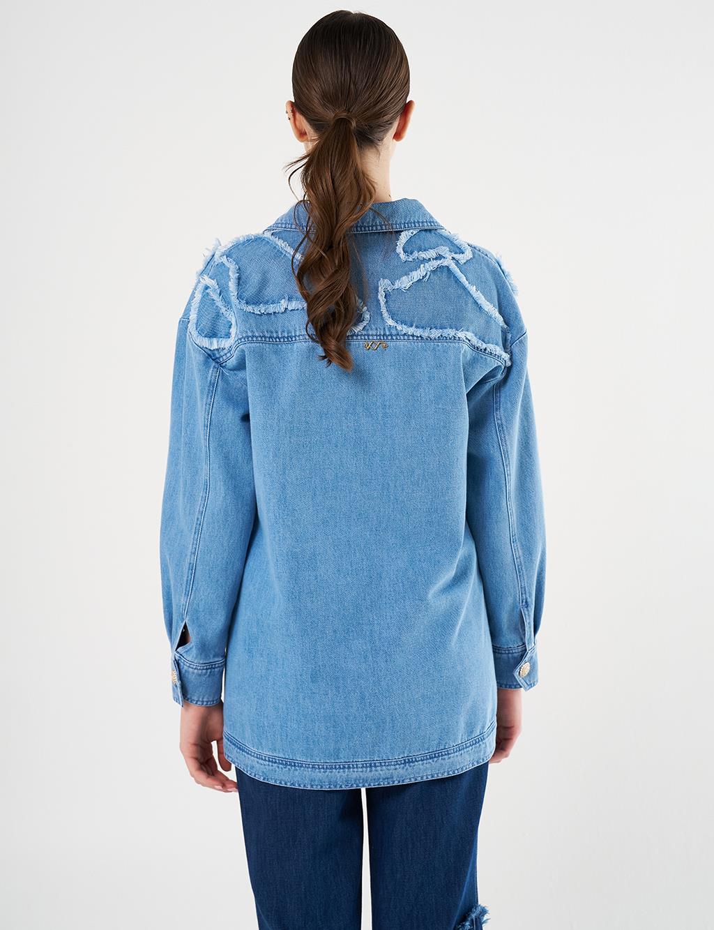 Aplikeli Denim Ceket Buz Mavisi 