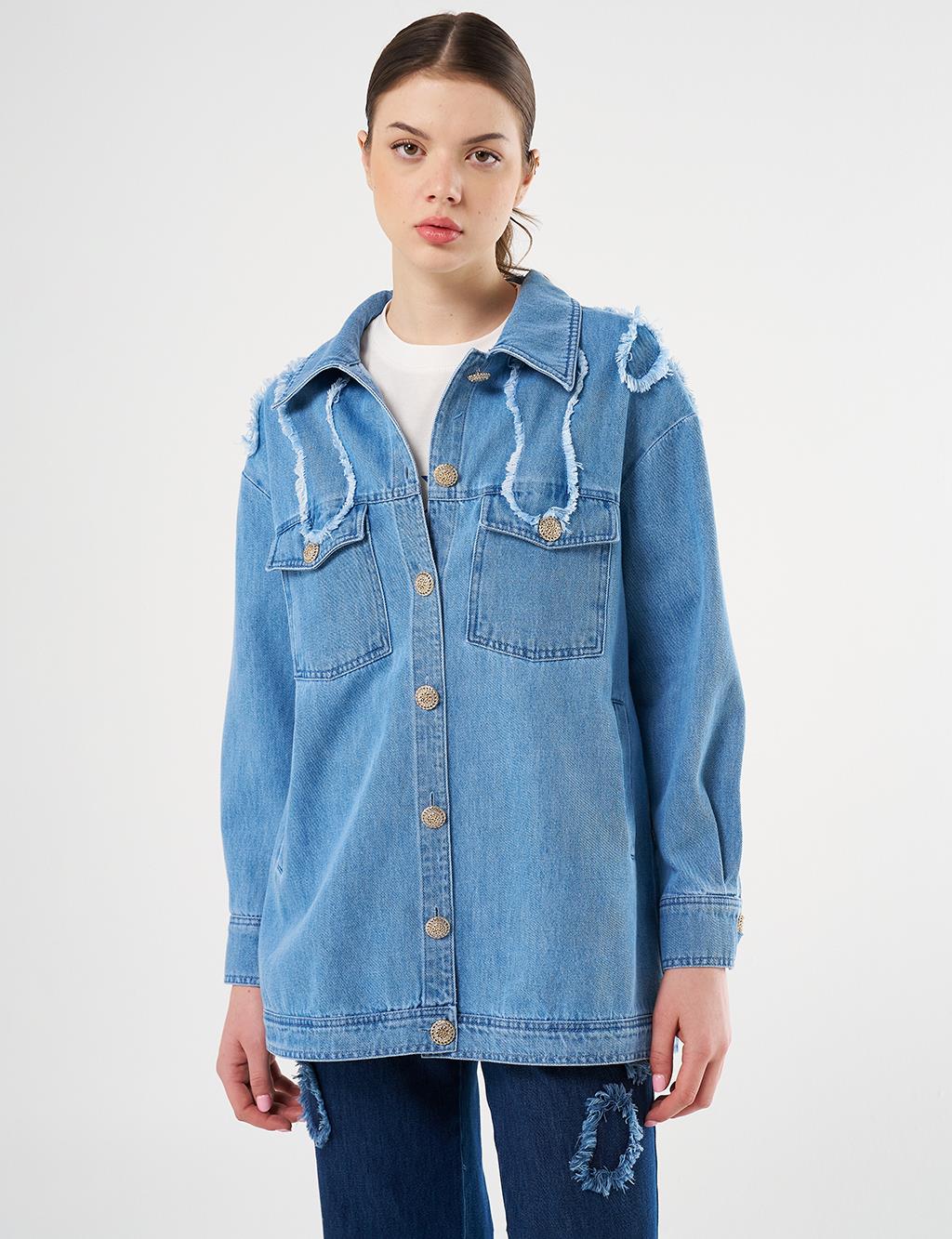 Aplikeli Denim Ceket Buz Mavisi 