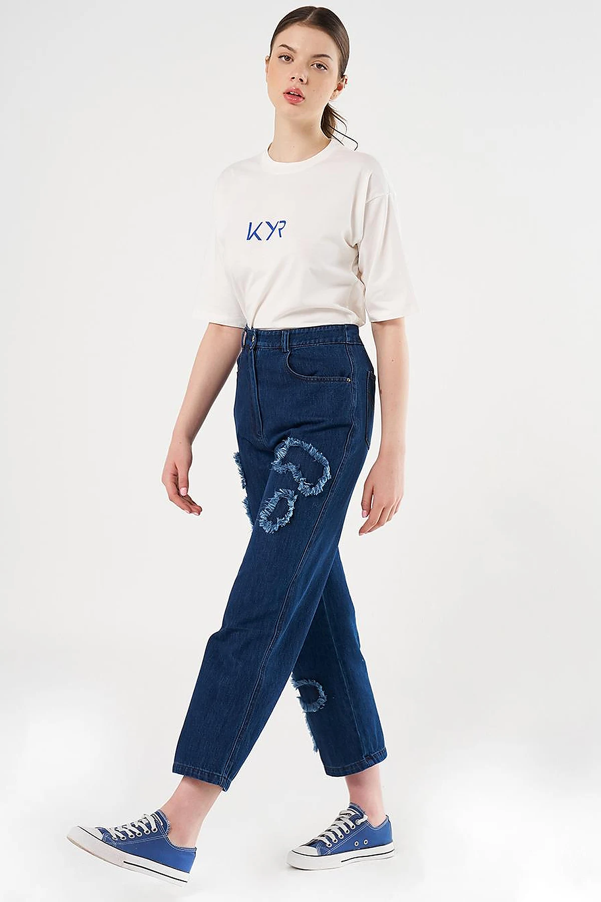 Appliqué Denim Pants Navy Blue