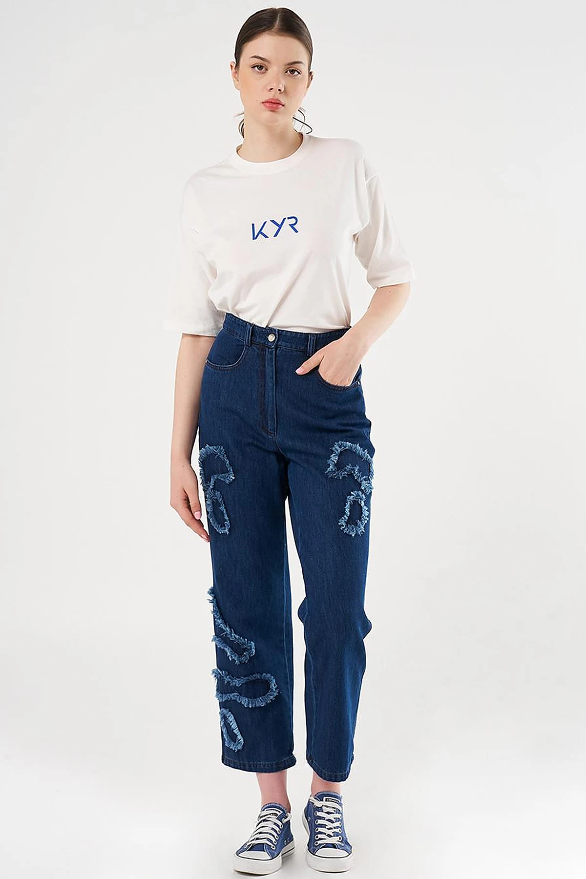 Appliqué Denim Pants Navy Blue