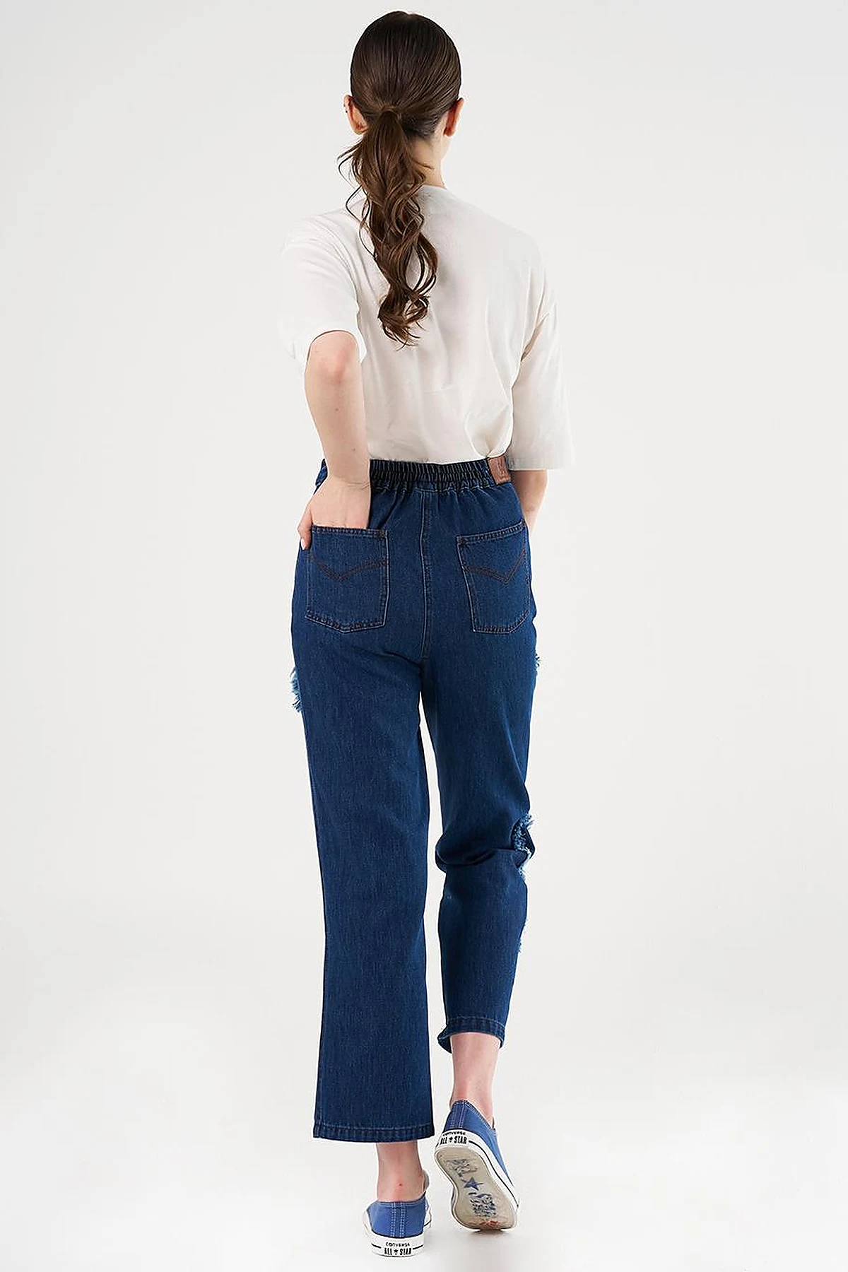 Appliqué Denim Pants Navy Blue