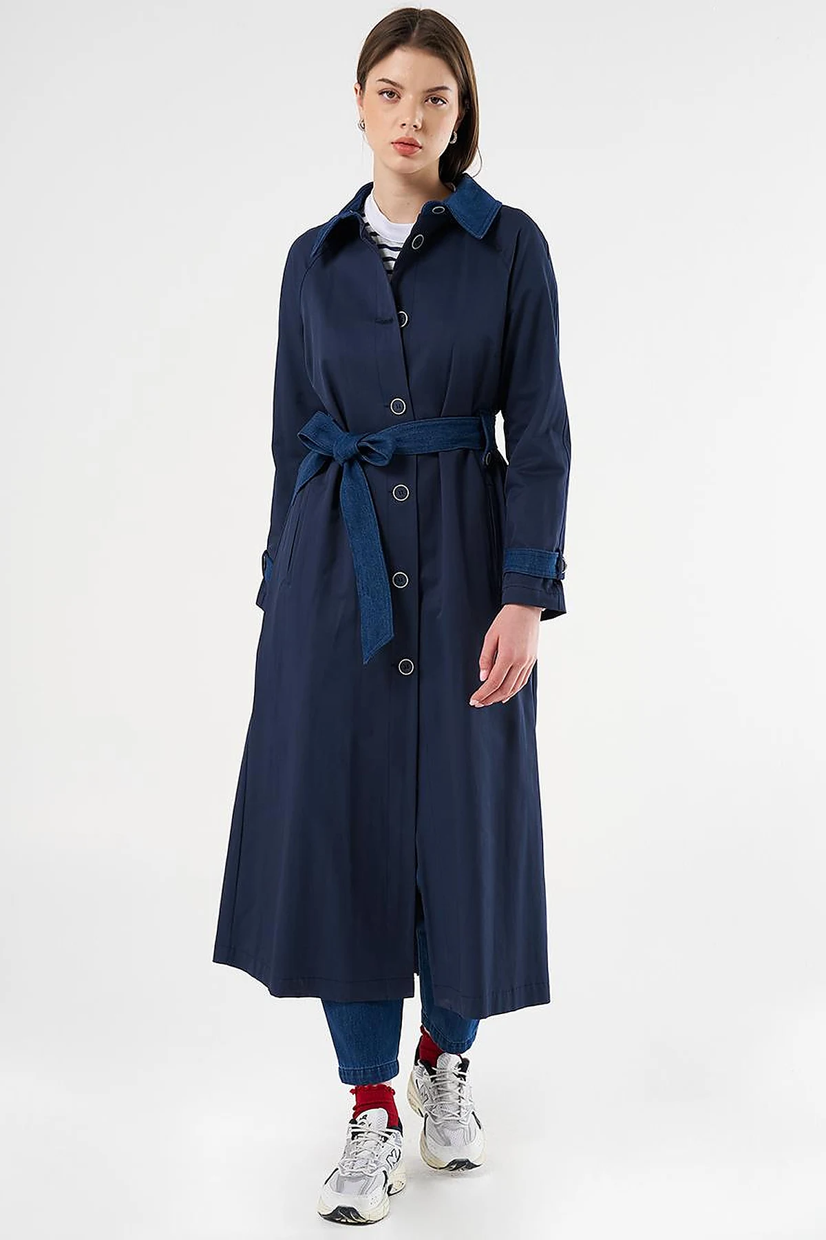 Denim Detailed Trench Coat Dark Navy Blue
