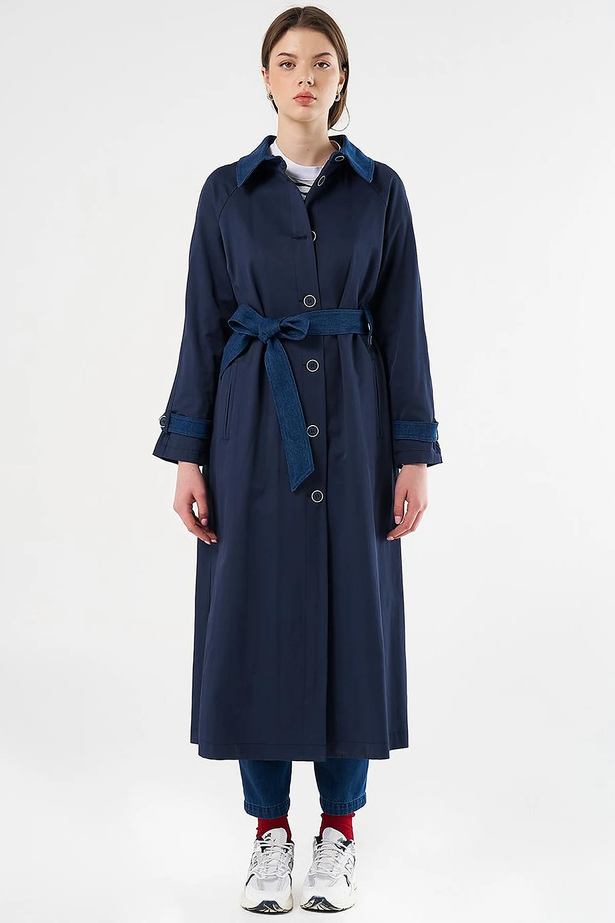Denim Detailed Trench Coat Dark Navy Blue