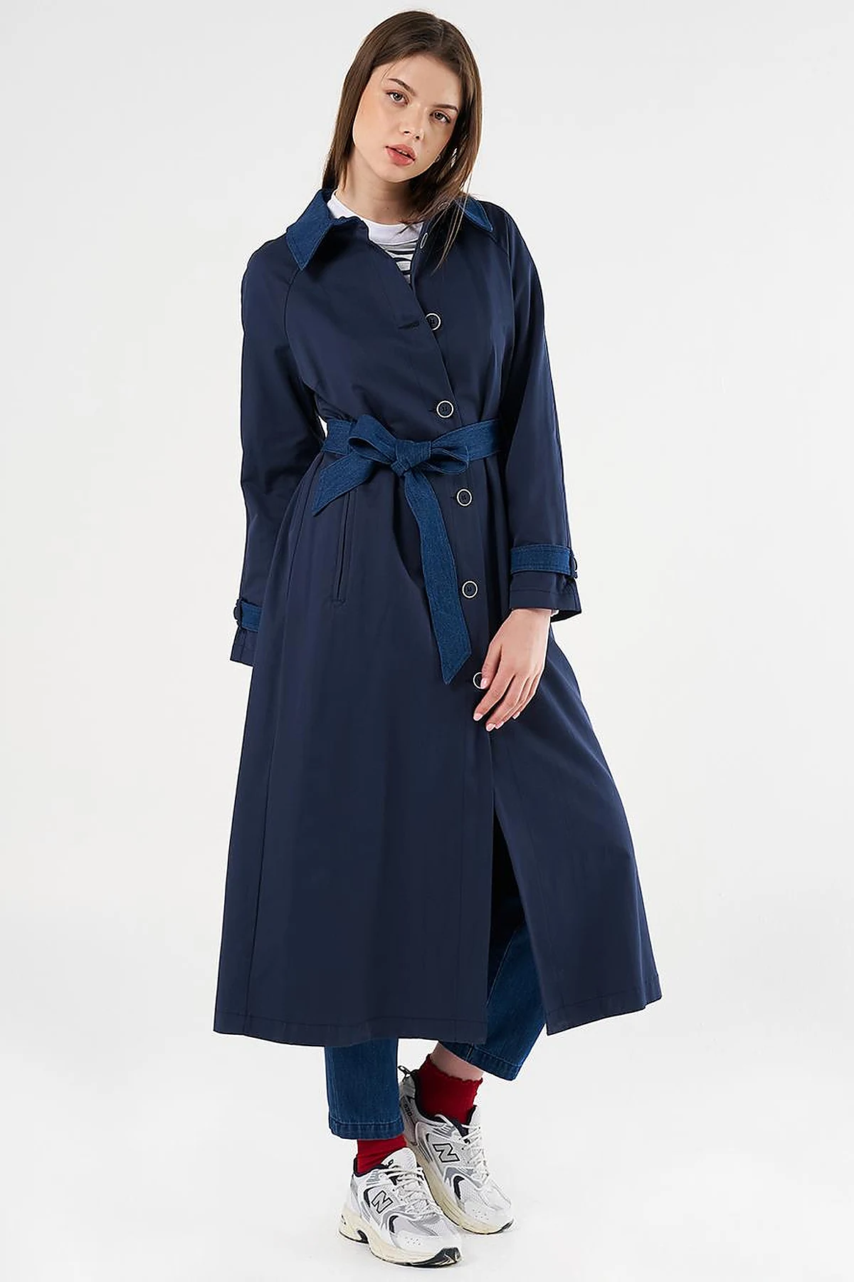 Denim Detailed Trench Coat Dark Navy Blue