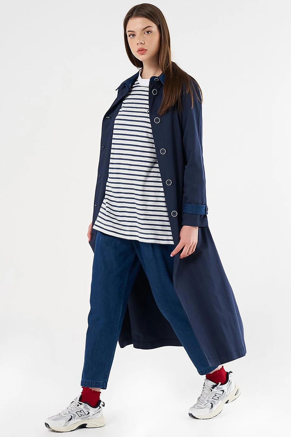 Denim Detailed Trench Coat Dark Navy Blue