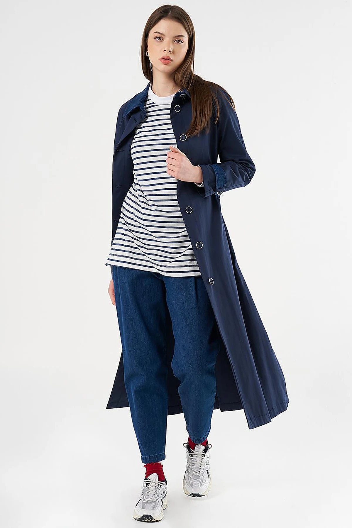 Denim Detailed Trench Coat Dark Navy Blue