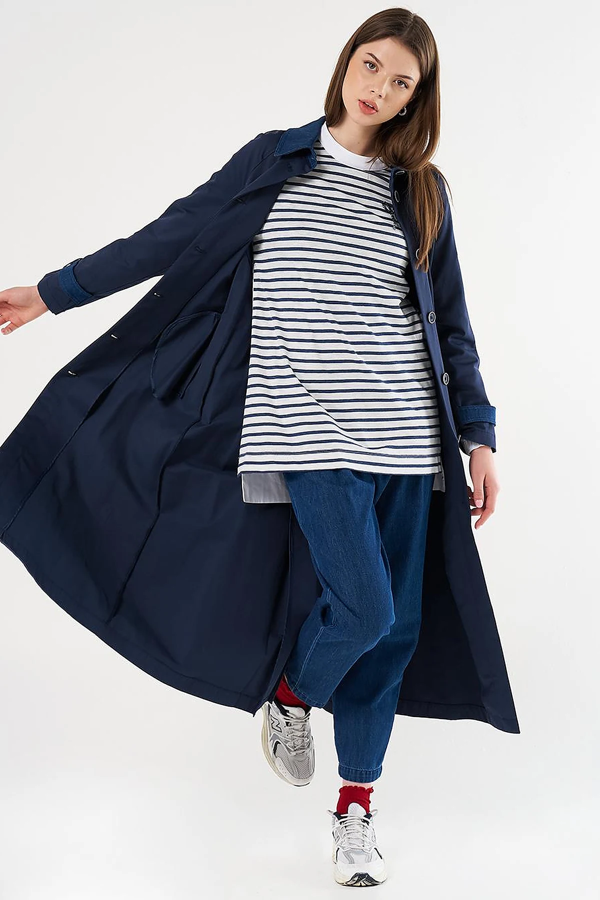 Denim Detailed Trench Coat Dark Navy Blue