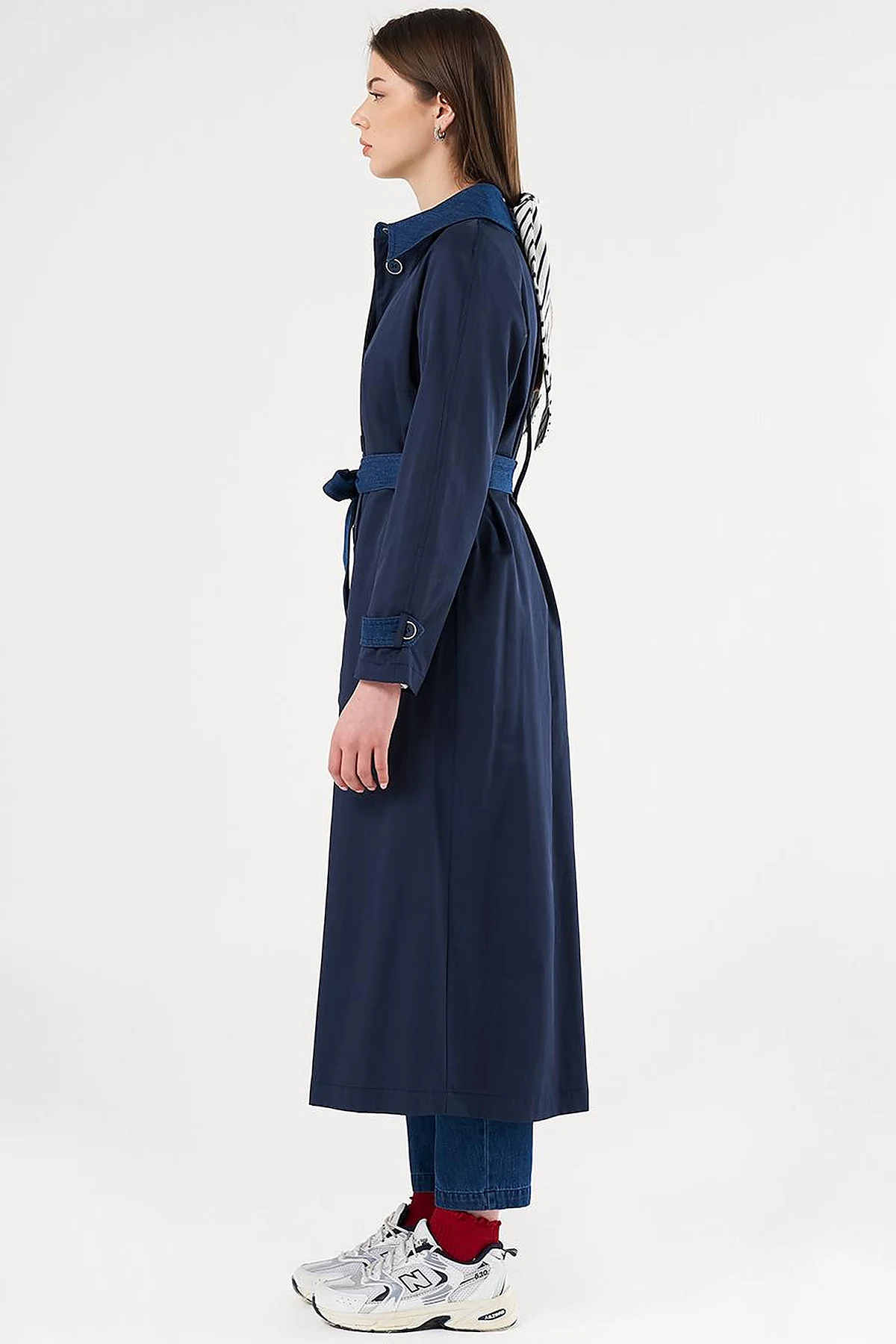 Denim Detailed Trench Coat Dark Navy Blue