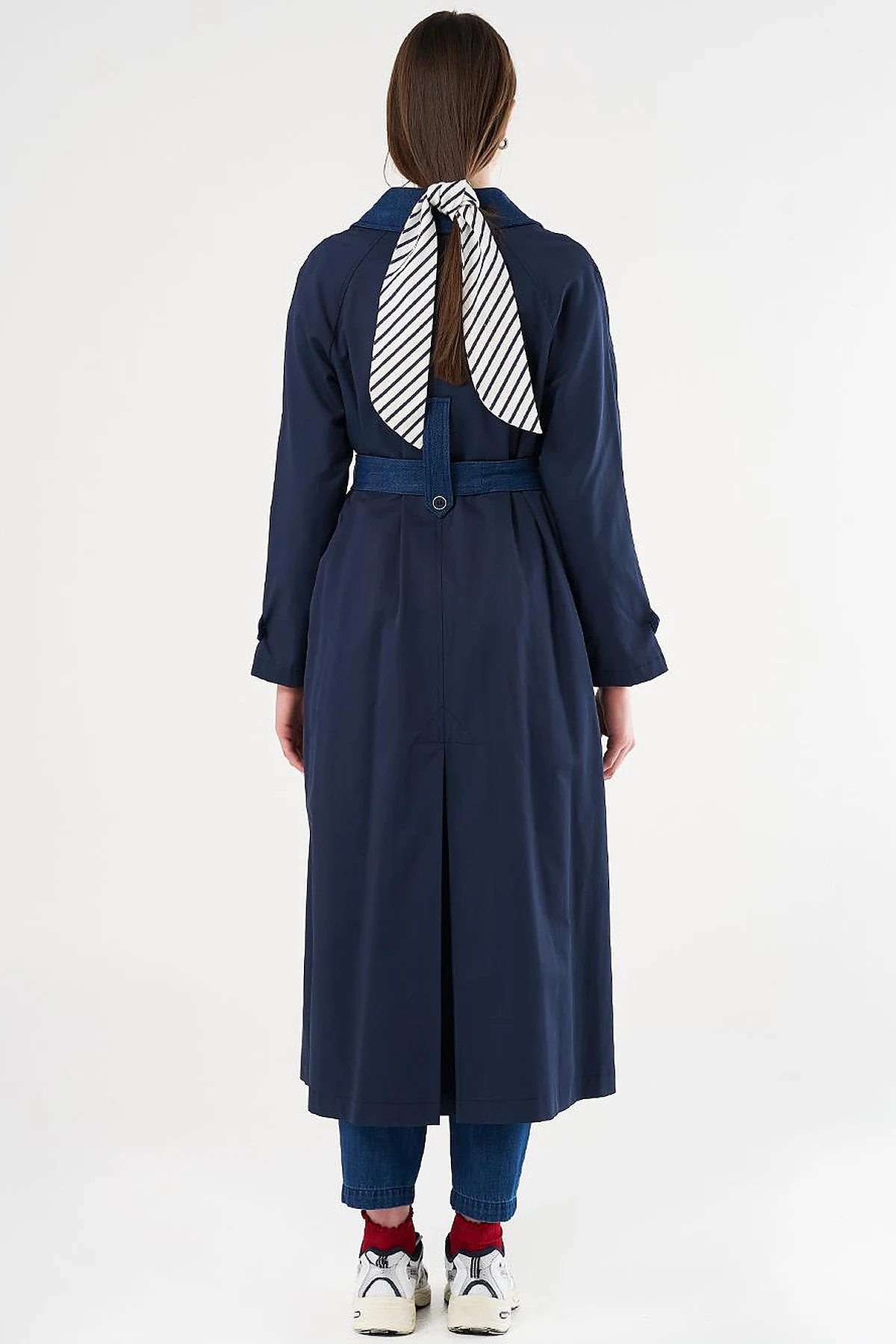 Denim Detailed Trench Coat Dark Navy Blue