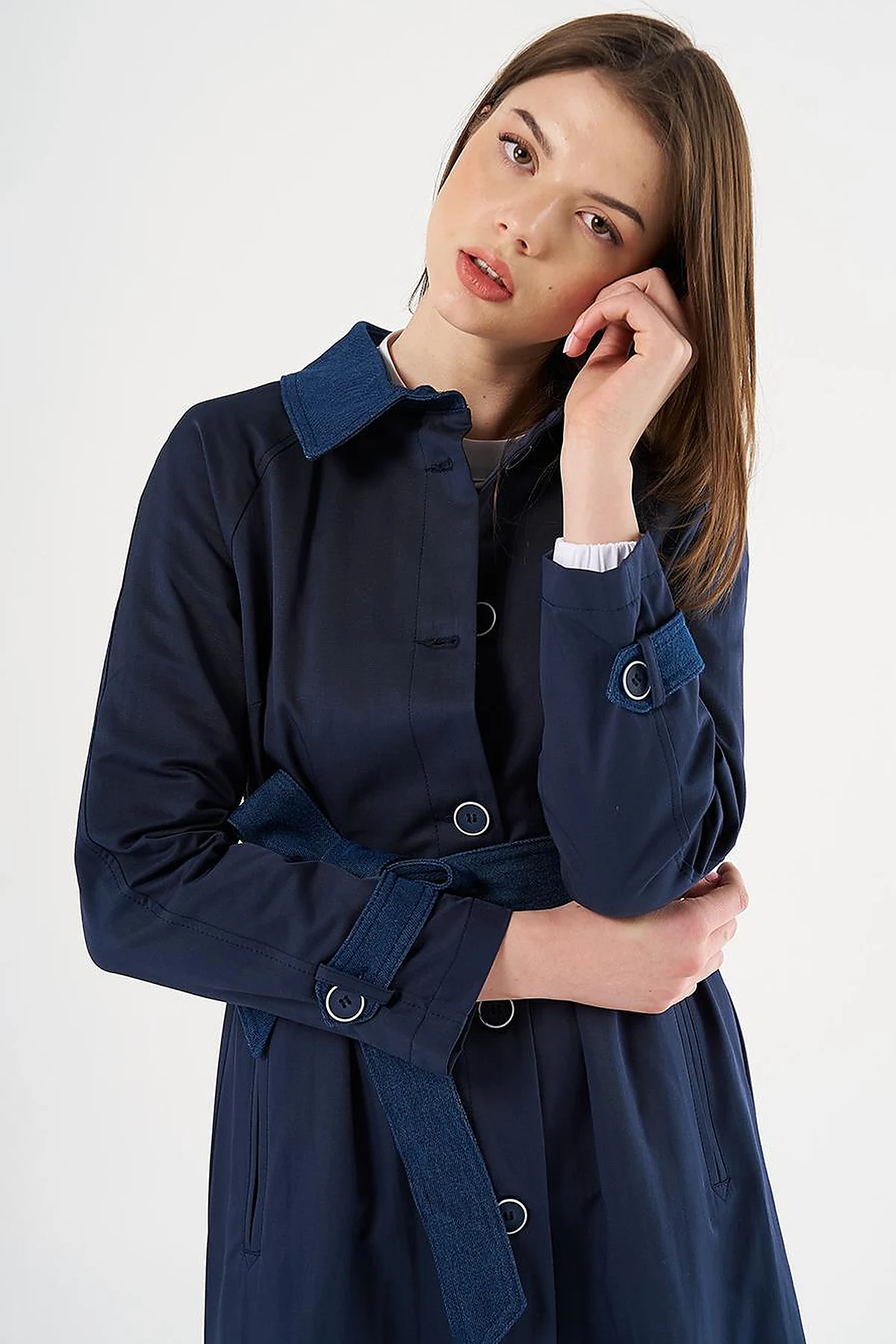 Denim Detailed Trench Coat Dark Navy Blue