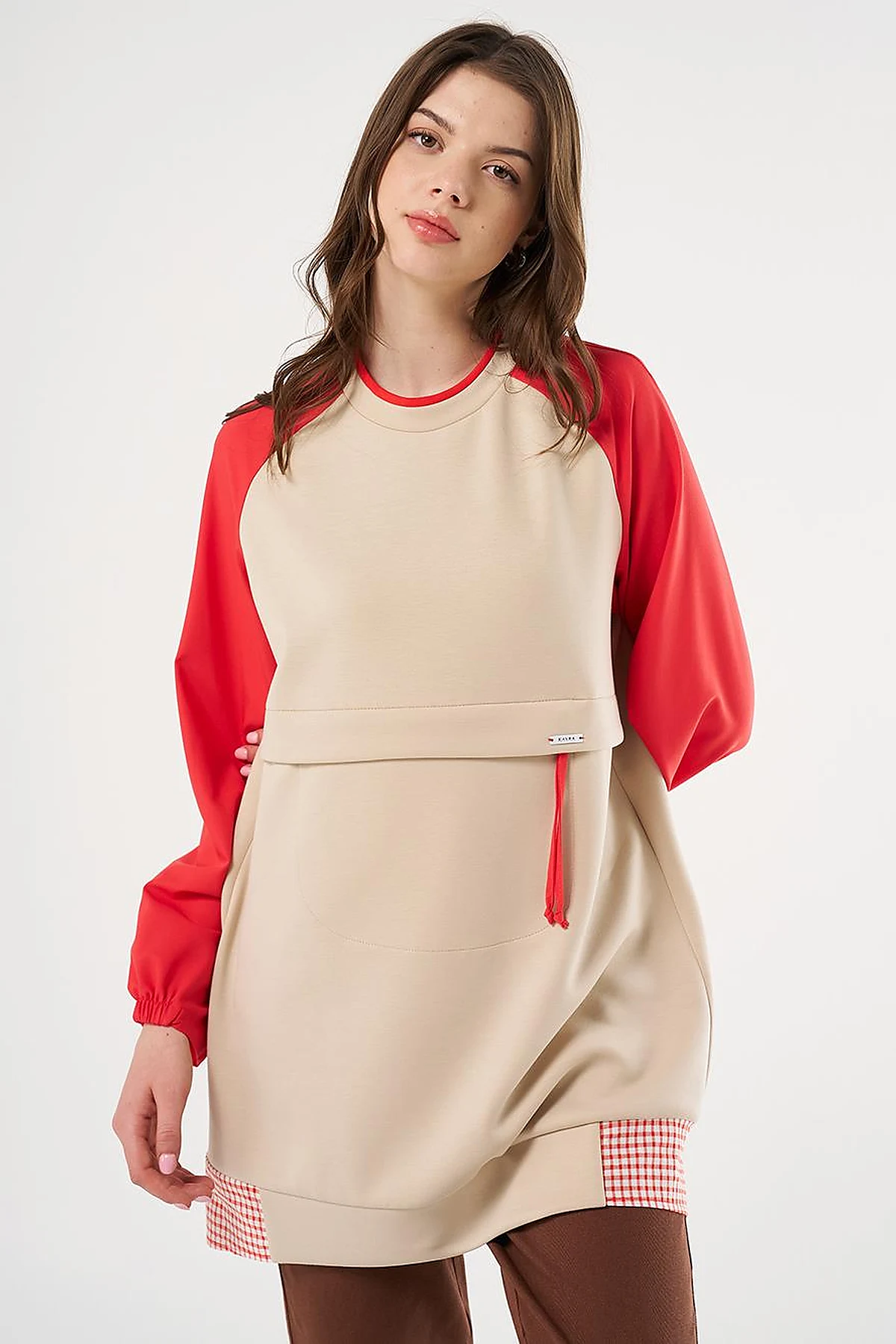 Gingham Detailed Scuba Tunic Light Beige
