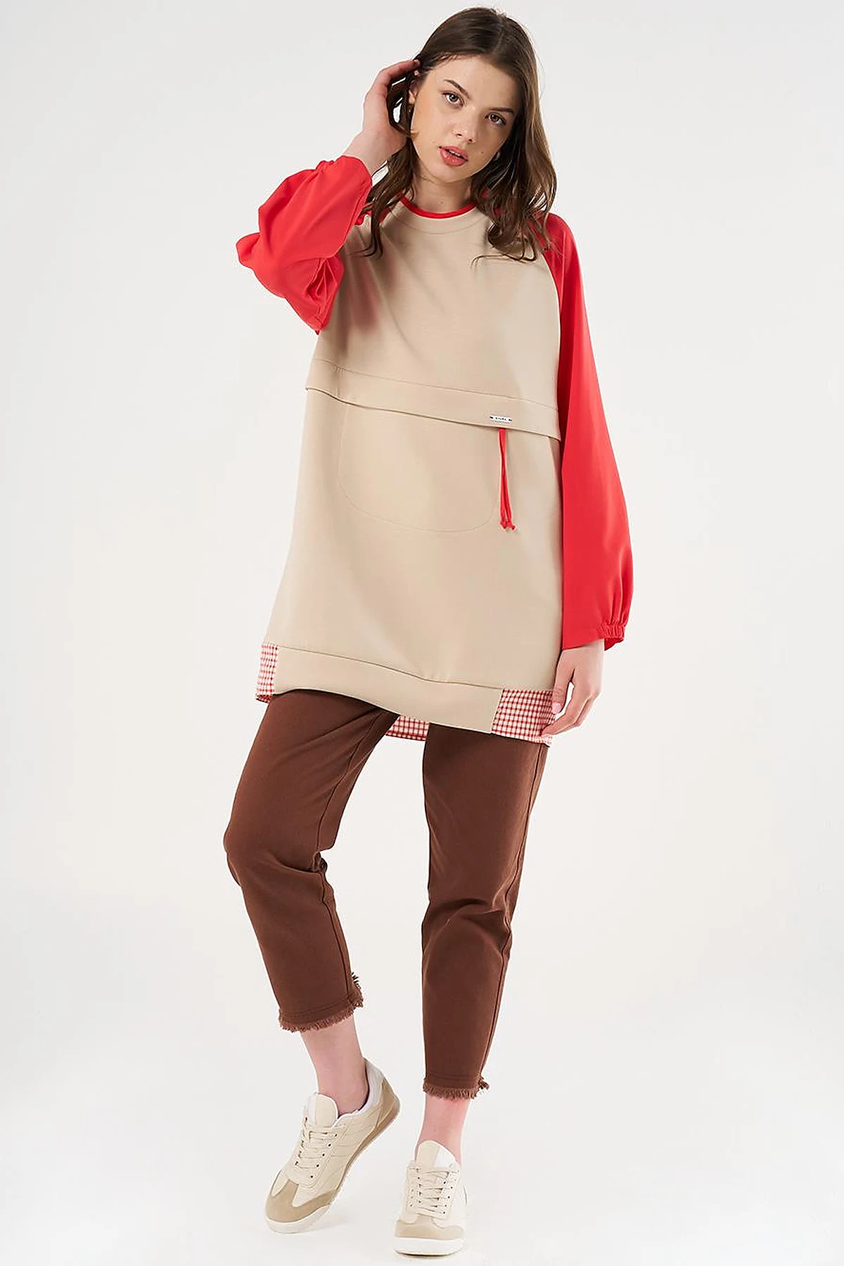 Gingham Detailed Scuba Tunic Light Beige