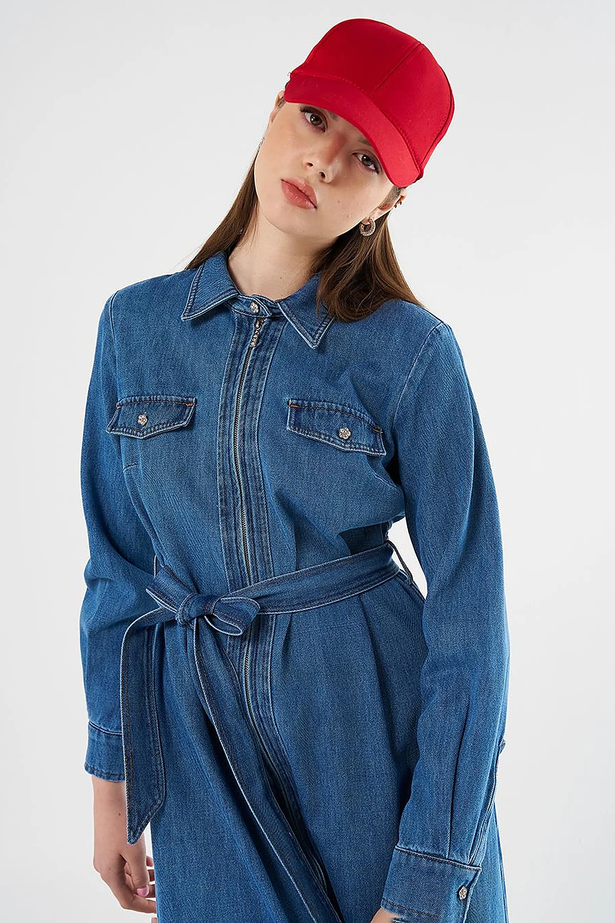 Flap Pocket and Belted Denim Dress Indigo