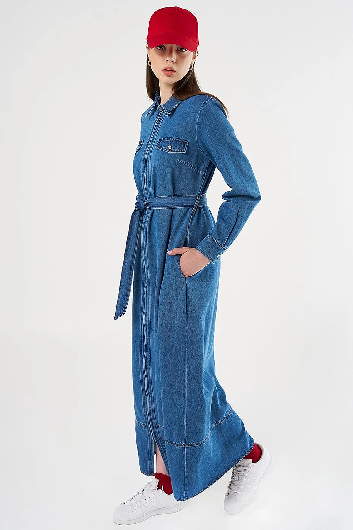Flap Pocket and Belted Denim Dress Indigo