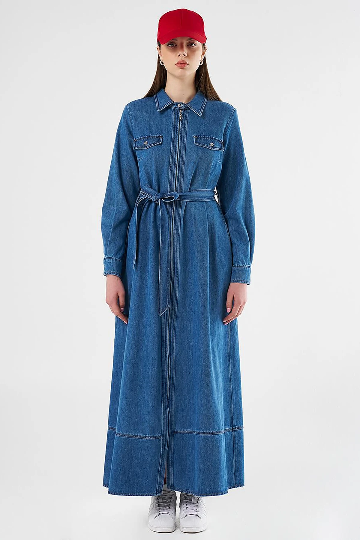Flap Pocket and Belted Denim Dress Indigo