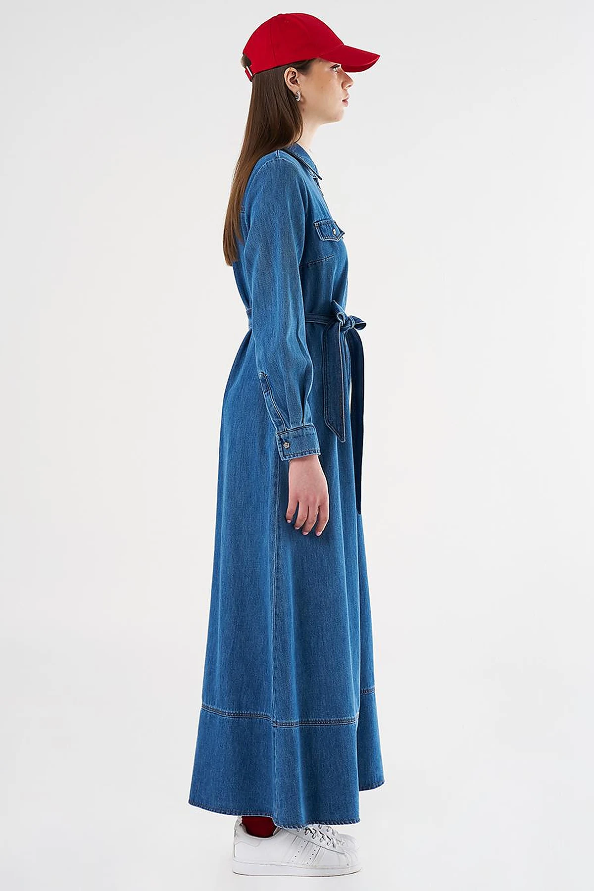 Flap Pocket and Belted Denim Dress Indigo