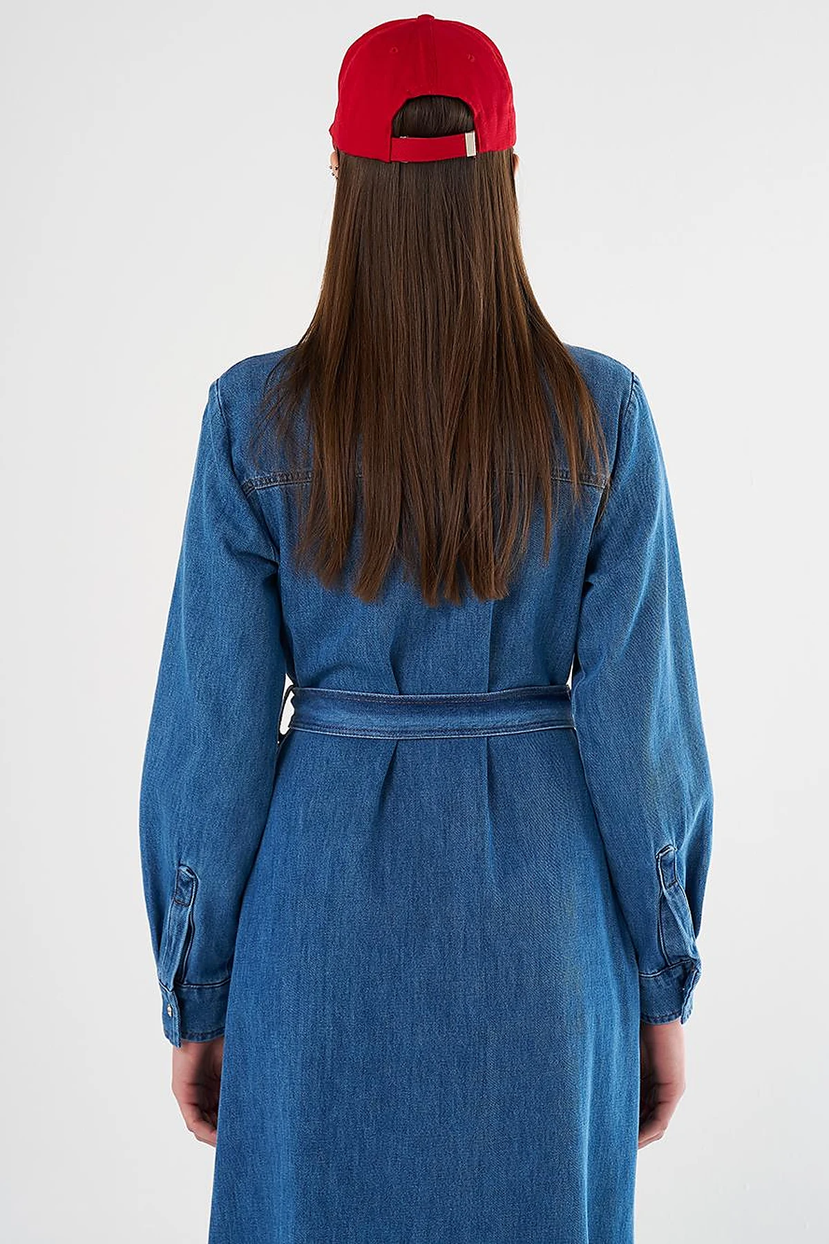 Flap Pocket and Belted Denim Dress Indigo