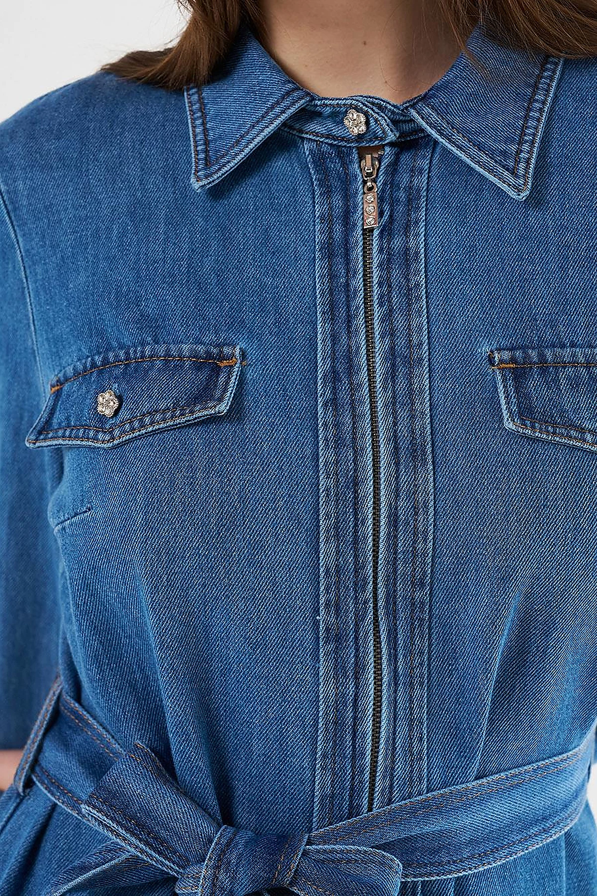Flap Pocket and Belted Denim Dress Indigo