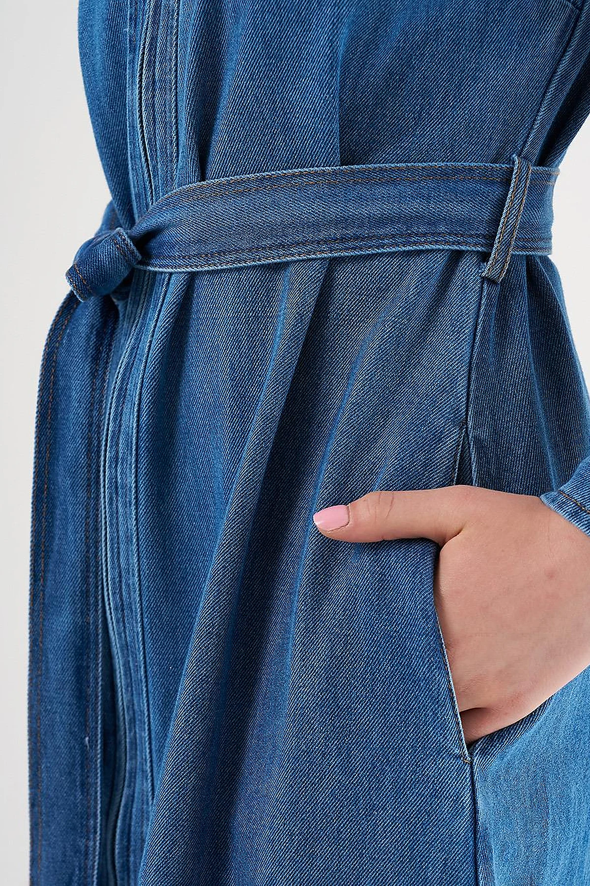 Flap Pocket and Belted Denim Dress Indigo