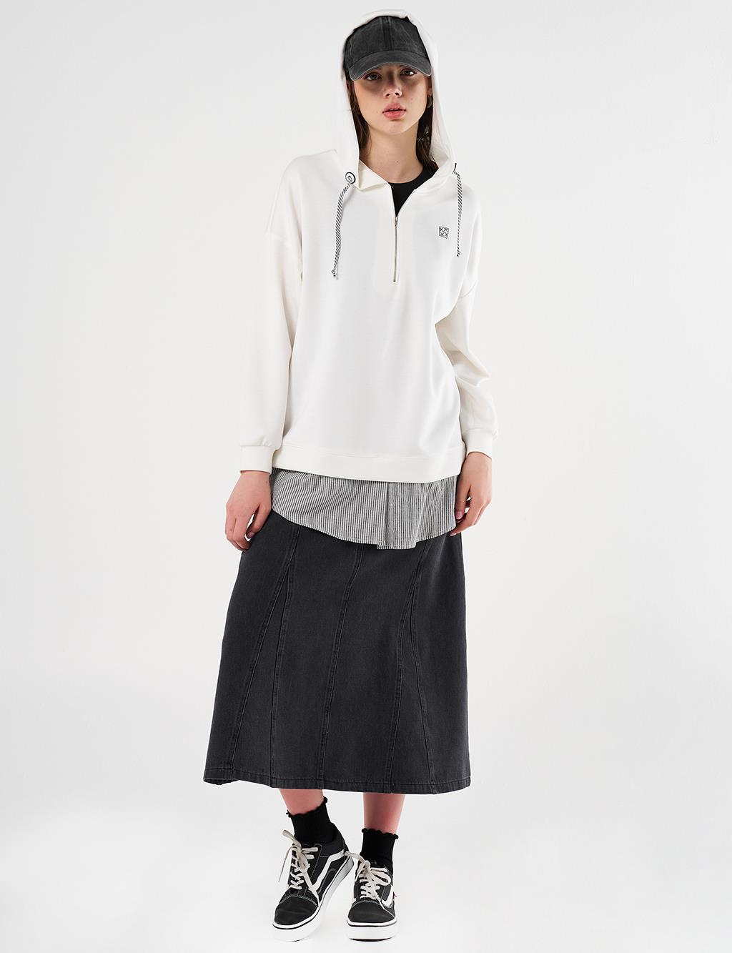 Hooded Shirt-Detail Sweatshirt Ecru