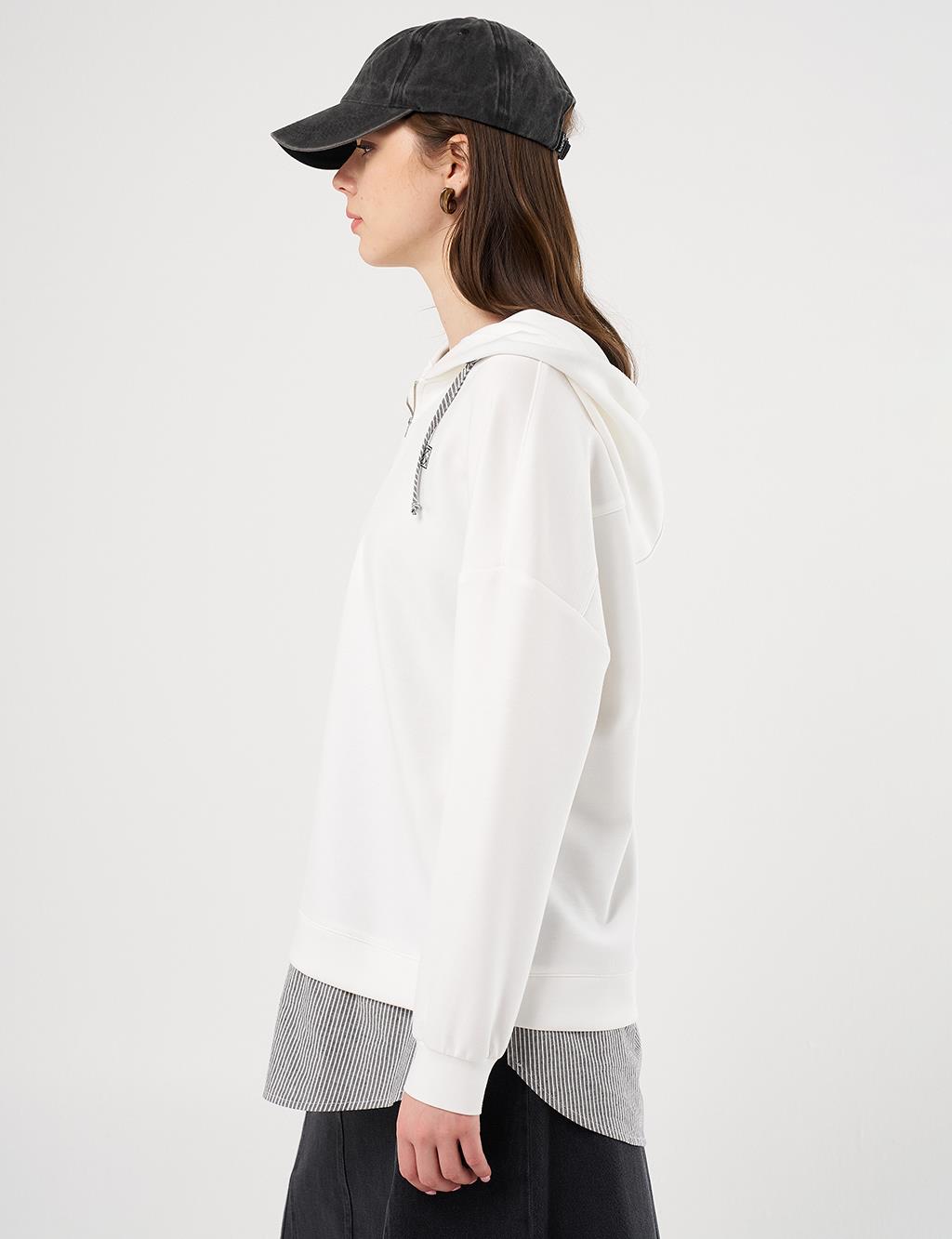 Hooded Shirt-Detail Sweatshirt Ecru
